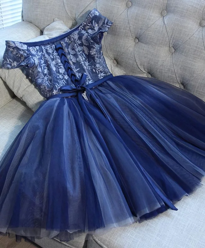 Blue Lace Off Shoulder Short Prom Dress, Blue Evening Dress