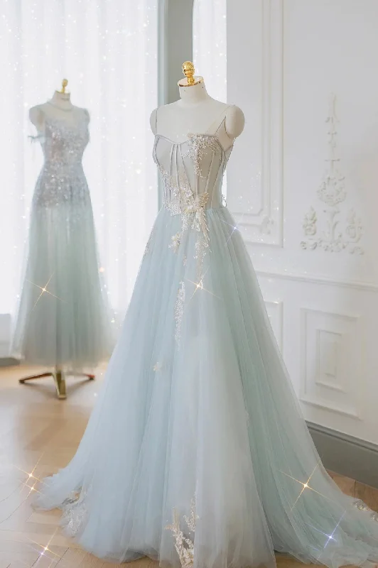 Blue Strapless Tulle Long Prom Dress, Lovely A-Line Graduation Dress