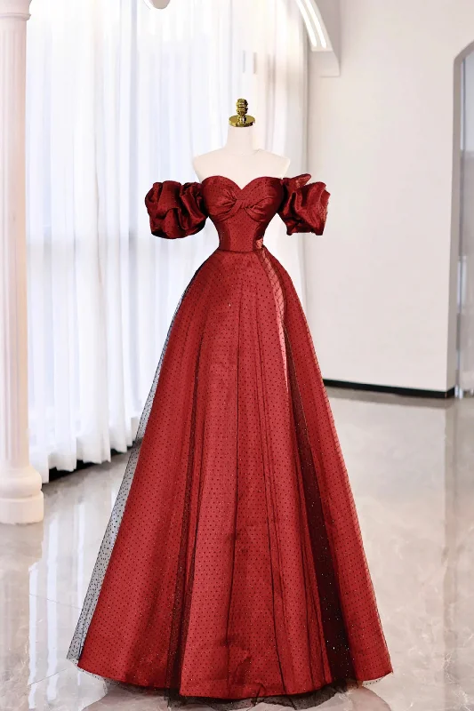 Burgundy Satin Tulle Long Prom Dress, Off the Shoulder Evening Dress