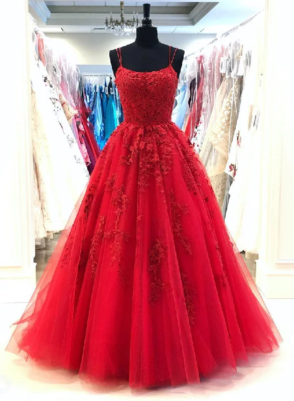 Red Spaghetti Strap Tulle Lace Long Prom Dress, A-Line Backless Evening Dress