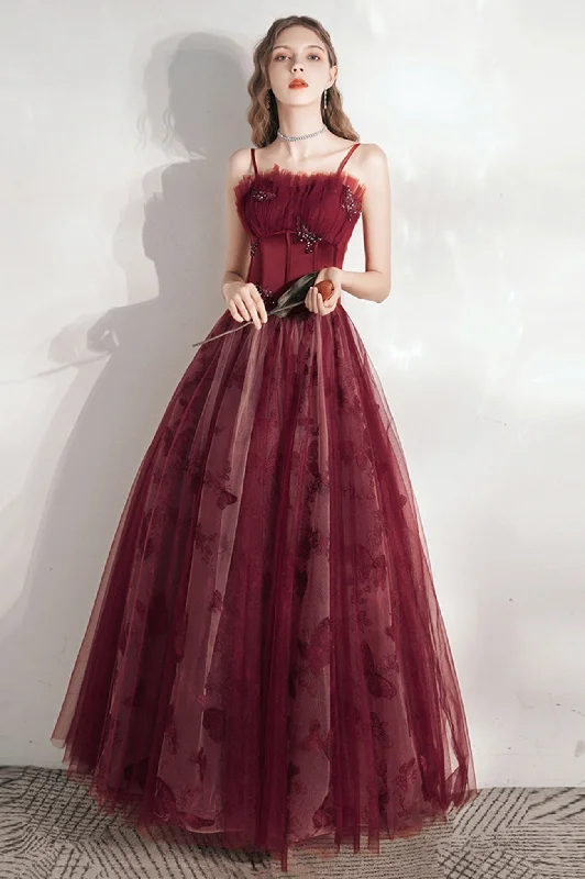 Burgundy Spaghetti Strap Tulle Long Prom Dress