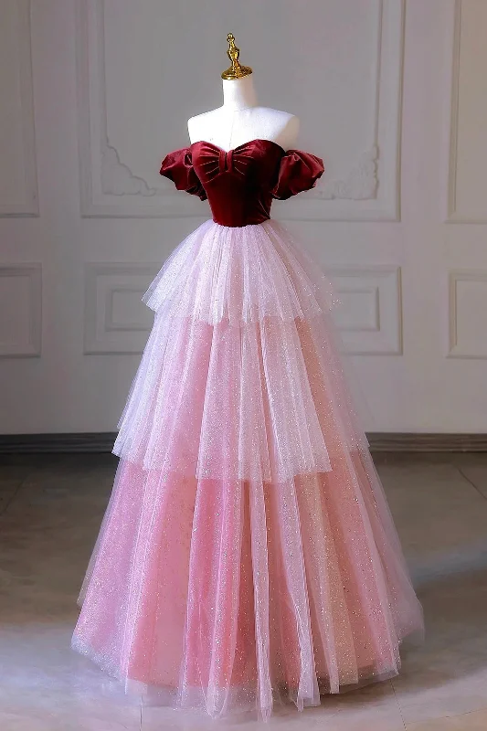 Burgundy Velvet and Pink Tulle Long Prom Dress, Off the Shoulder Evening Dress