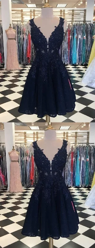 Dark Navy Lace Beading Sleeveless Illusion Homecoming Dresses