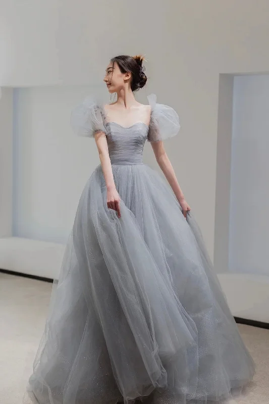 Gray Tulle Floor Length Prom Dress, Beautiful A-Line Short Sleeve Evening Dress