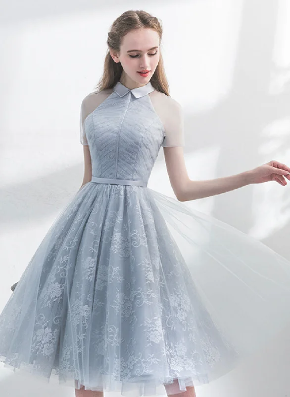 Gray Tulle Lace Short Prom Dress, Cute A-Line Homecoming Dress