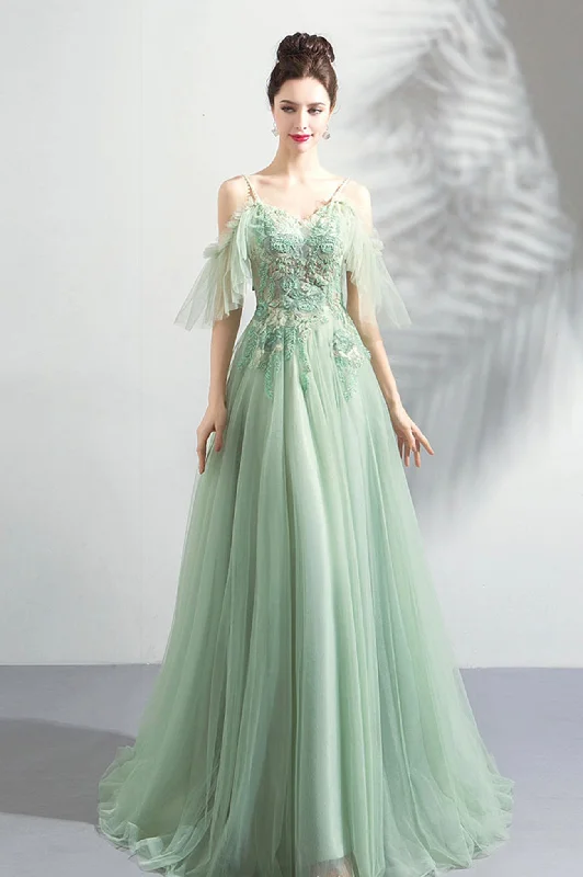 Green Spaghetti Strap Tulle Lace Long Prom Dress