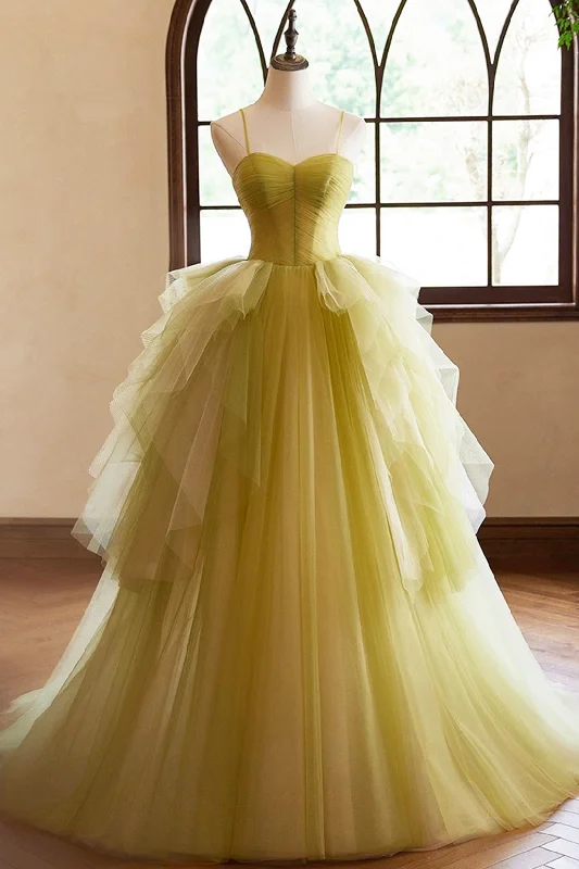 Green Tulle Long A-Line Prom Dresses, Lovely Spaghetti Straps Backless Evening Dresses