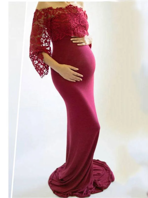 Lace Off Shoulder Bell Sleeve For Babyshower Maternity Dress