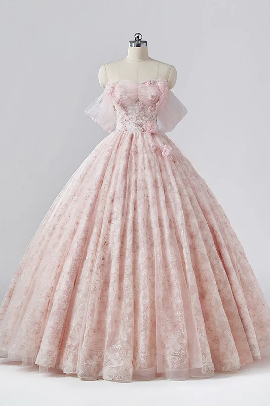 Light Pink Tulle Long Prom Dress, Off the Shoulder A-Line Evening Formal Dress