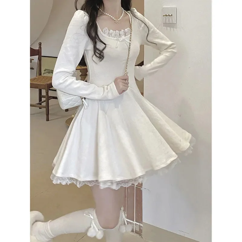 Long Sleeve Autumn Women Lace Bow Design Korean Style Slim Sweet Solid Tender Basic All-match Dress