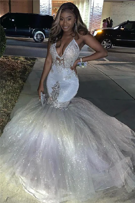 Mermaid Deep V-neck Halter Floor Length Tulle Paillette Beading Prom Dress