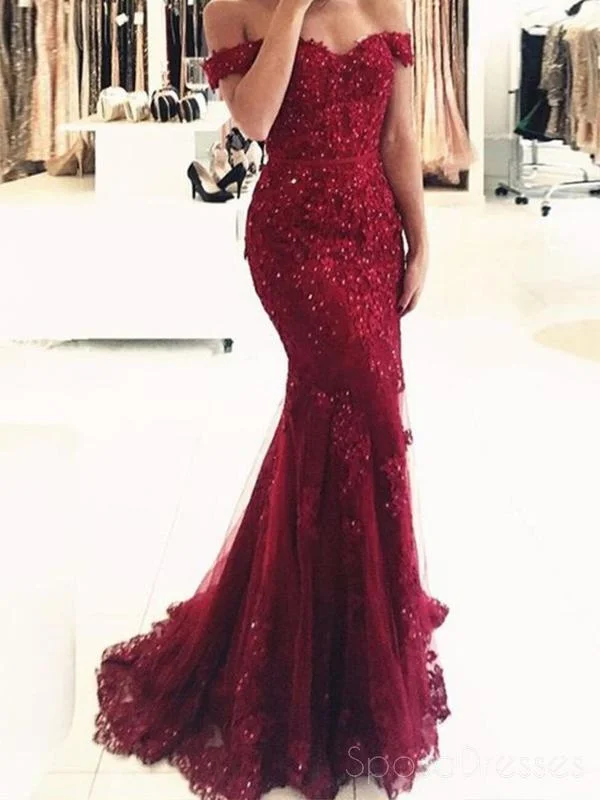 Off Shoulder Burgundy Lace Beaded Evening Mermaid Prom Dresses, Long Sexy Prom Dresses 17132