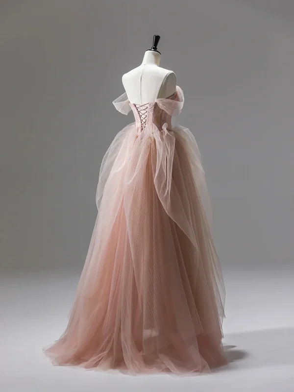 Pink A-Line Tulle Long Prom Dress Evening Gown