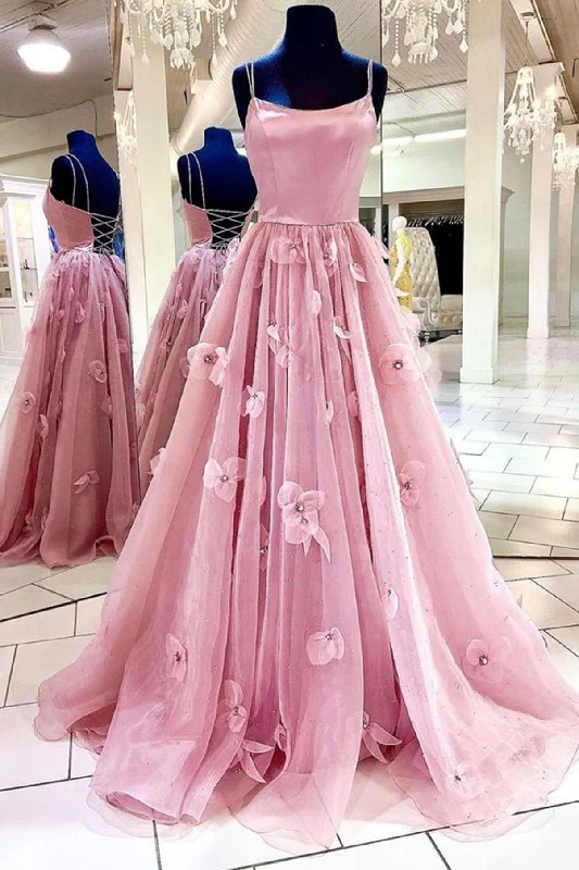 Pink Spaghetti Strap Tulle Long Prom Dress, A-Line Backless Evening Dress