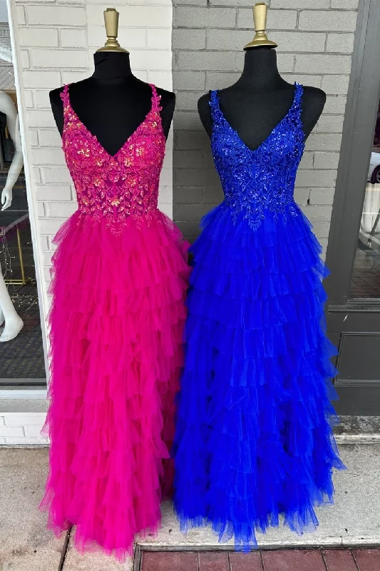 V-Neck Magenta Lace Appliques Layered Tulle Prom Dress