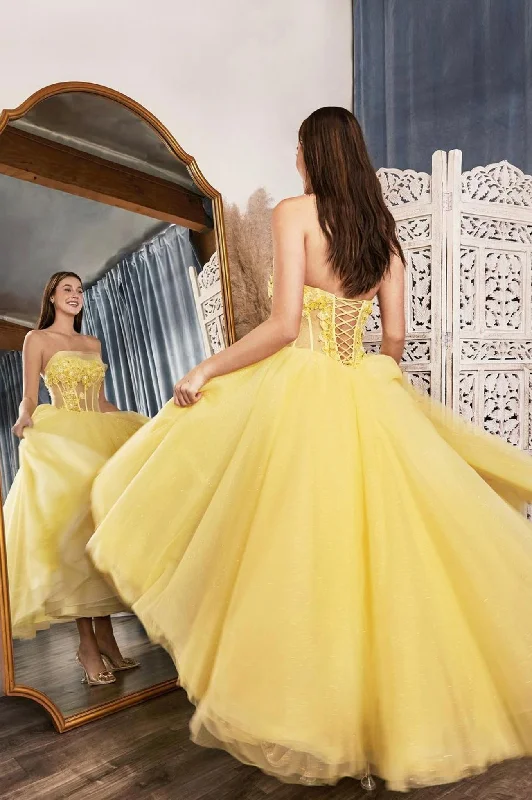 Yellow Strapless Tulle Lace High Low Prom Dress