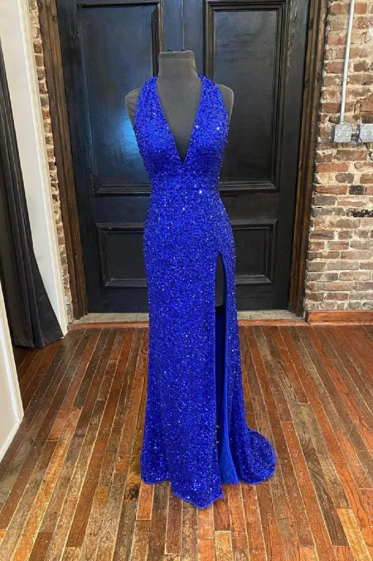 Blue V-Neck Sequins Long Prom Dresses, Blue Formal Evening Dresses