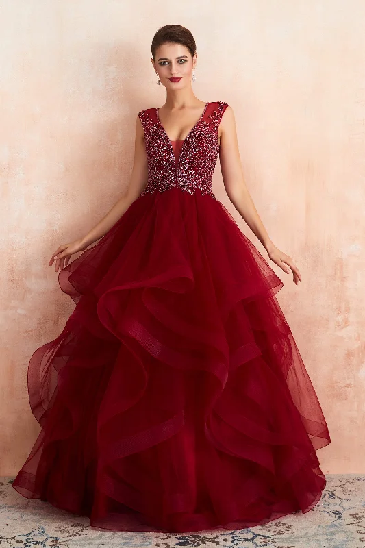 Burgundy Sleeveless Aline Puffy Tulle Corset Prom Dresses with Sequins Gowns