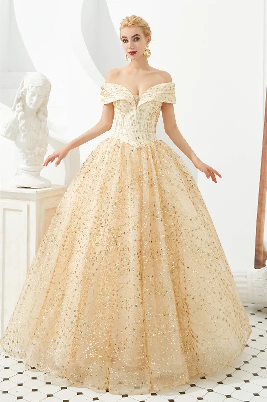 Champagne Gold Off-the-Shoulder Tulle Corset Ball Gown Sequins Princess Corset Prom Dresses for Girls Gowns