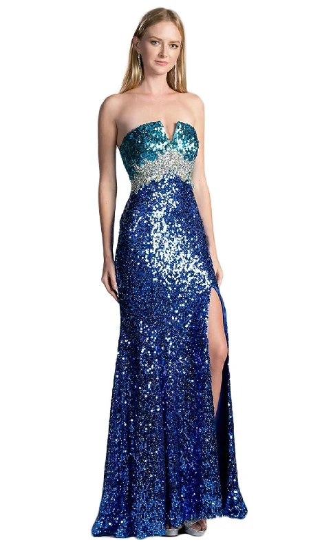 Cinderella Divine - Sequined Fitted Evening Gown with Slit 7669