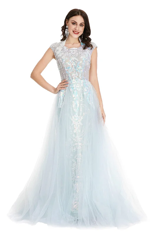 Light Blue Tulle Sequins Appliques Cap Sleeve Corset Prom Dresses outfit