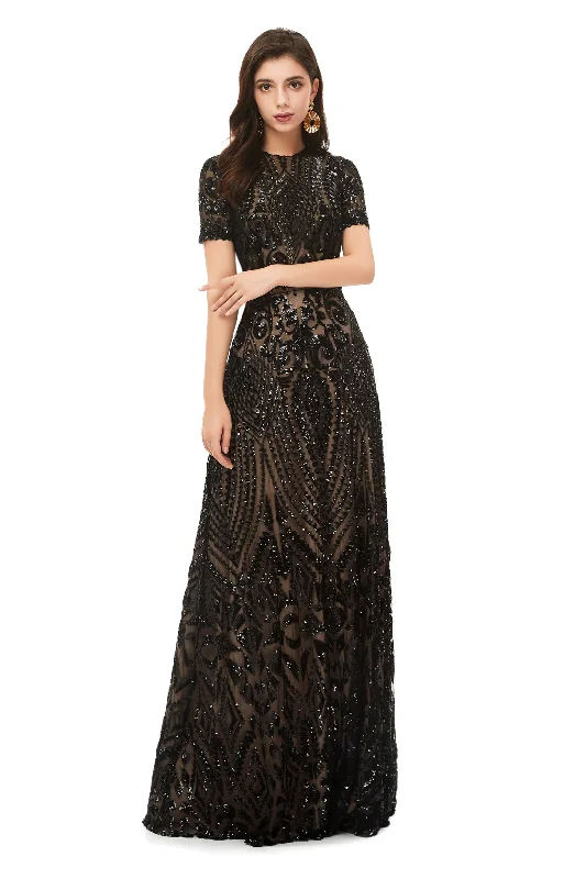 Long Black Sparkly Sequins Corset Prom Dresses With Short Sleeves Gowns