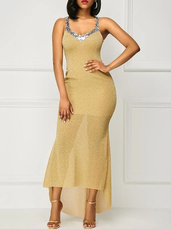 Spaghetti-neck Sequined Evening Dress