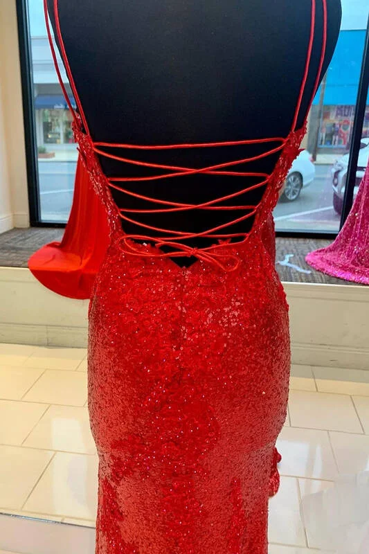 Sparkle Red Mermaid Sequined Prom Dress with Slit