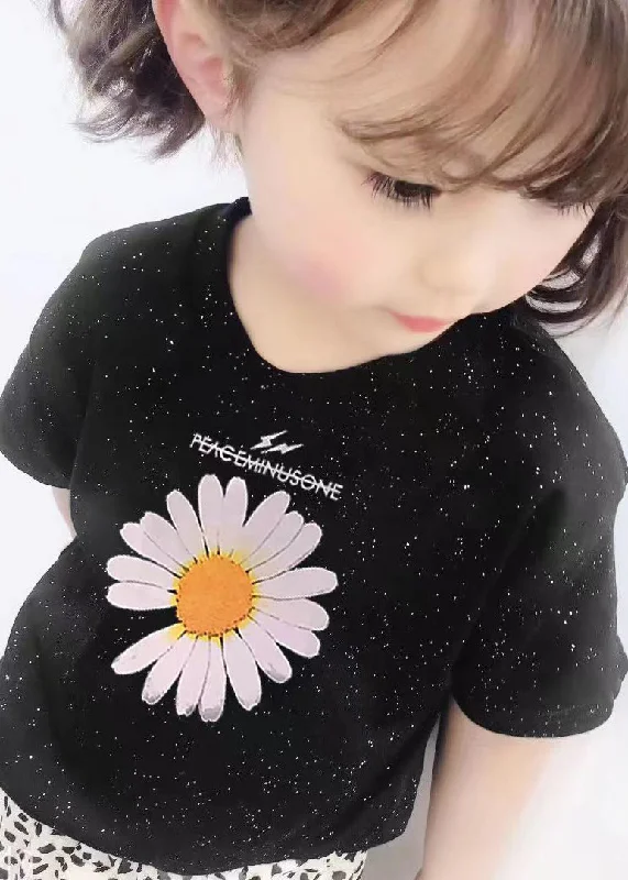 Casual Black O Neck Print Cotton Girls T Shirt Summer YU1031