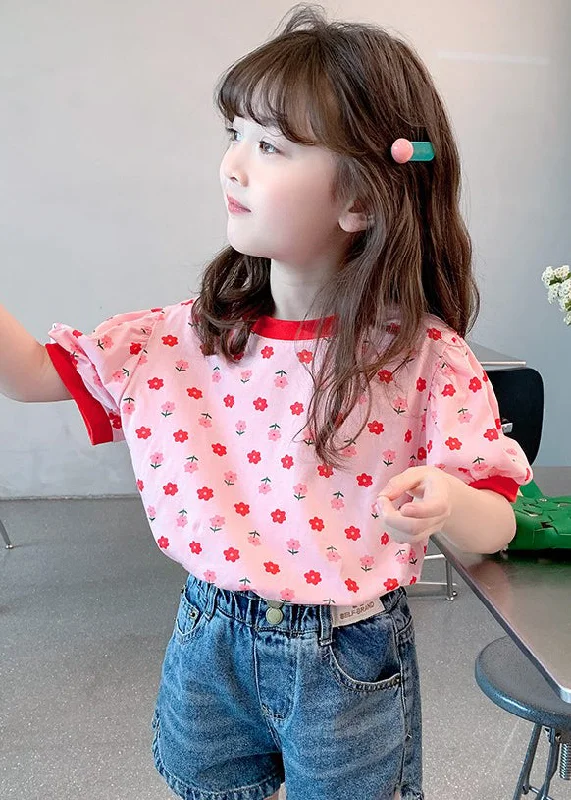 Casual Pink O Neck Print Cotton Kids Girls T Shirt Summer YU1048