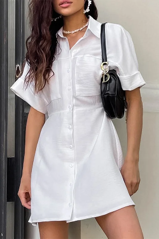 Casual Simplicity Solid Pocket Shirt Collar A Line Short Sleeve Dress RE5236