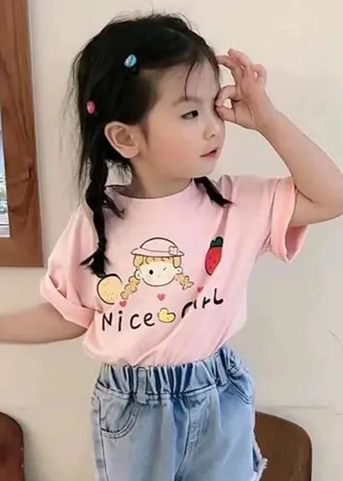 New Pink O Neck Print Cozy Cotton Girls T Shirts Summer YU1057