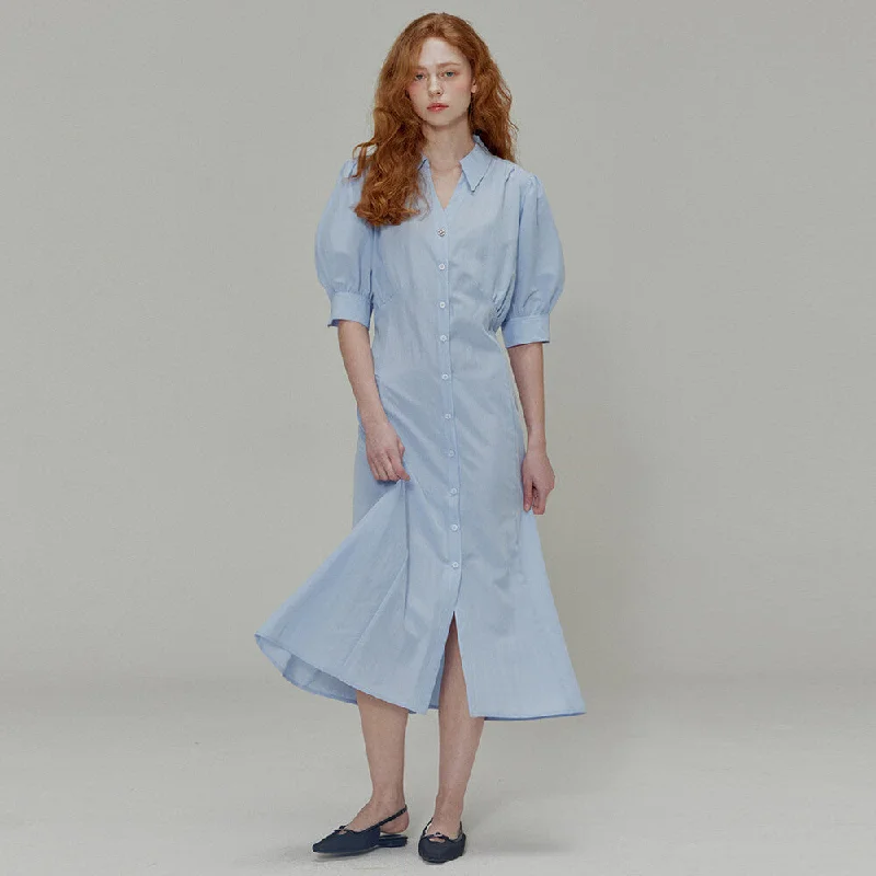 [OPENING SUNSHINE] SS 24 Open collar shirring detail shirt dress_Blue