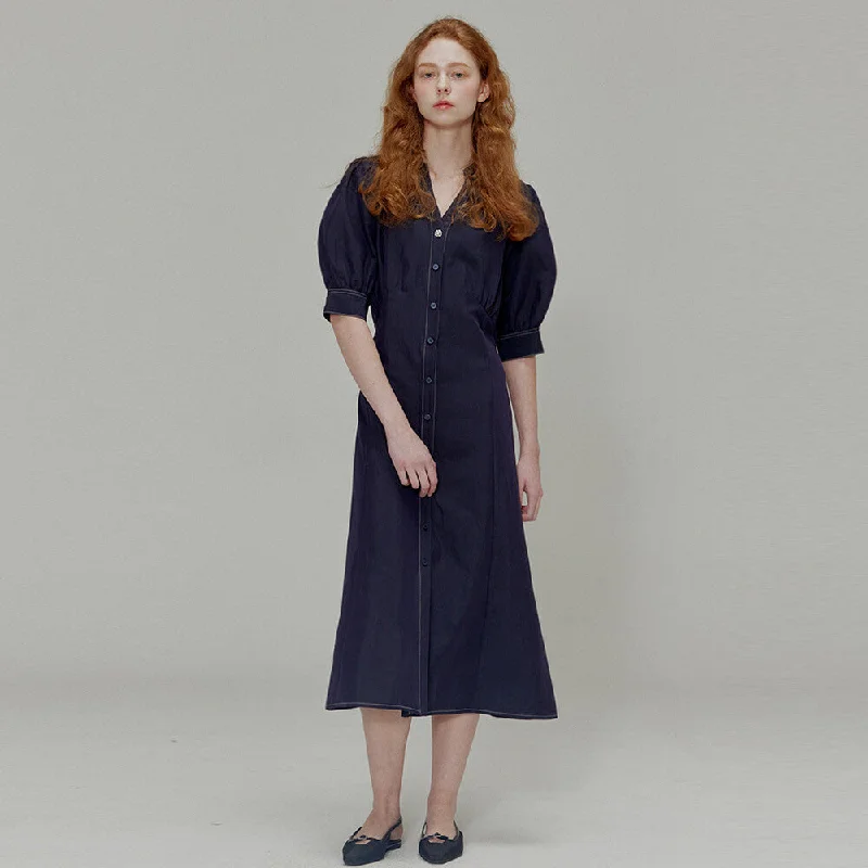 [OPENING SUNSHINE] SS 24 Open collar shirring detail shirt dress_Navy