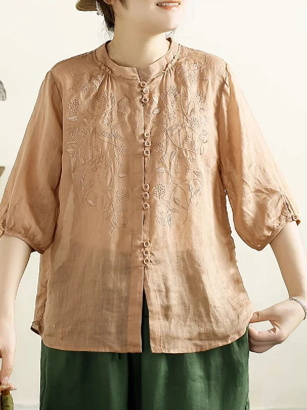 Women Summer Artsy Embroidery Button Ramie Shirt II1043