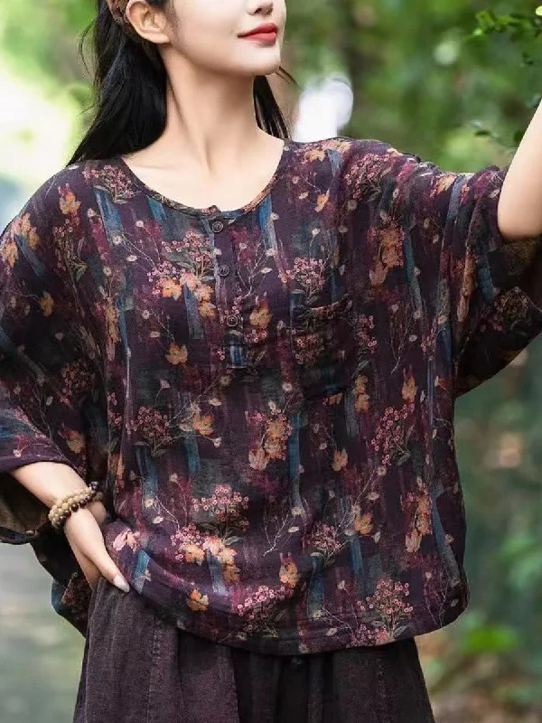 Women Summer Artsy Flower O-Neck Cotton Shirt II1038