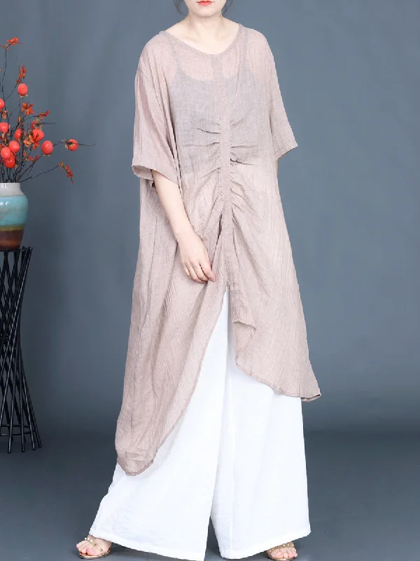 Women Summer Artsy Irregular V-Neck Cotton Linen Shirt PP1023