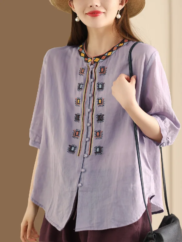 Women Summer Ethnic Embroidery Ramie Shirt ZZ1053