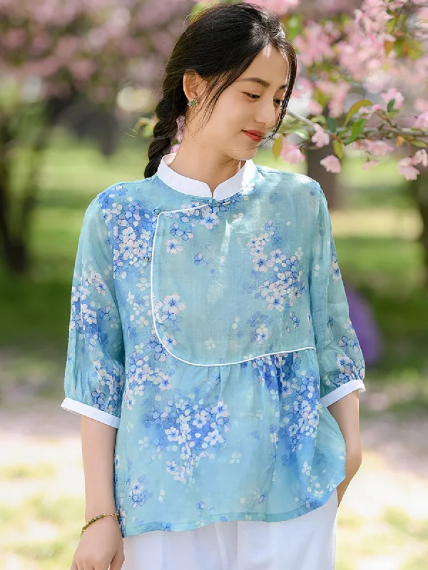 Women Summer Ethnic Floral Spliced Ramie Shirt OO1010