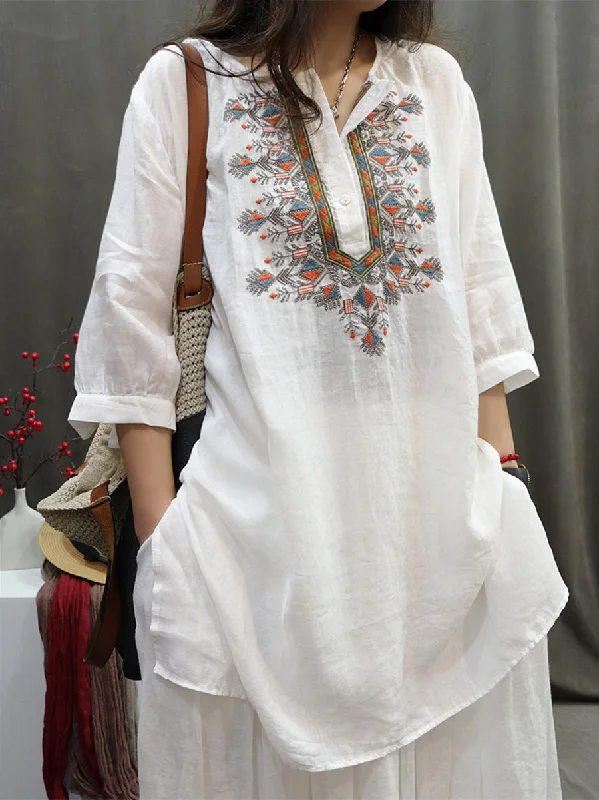 Women Summer Retro Embroidery O-Neck Ramie Shirt ZZ1049