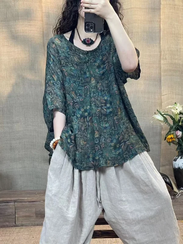 Women Summer Vintage Flower O-Neck Linen Shirt II1056