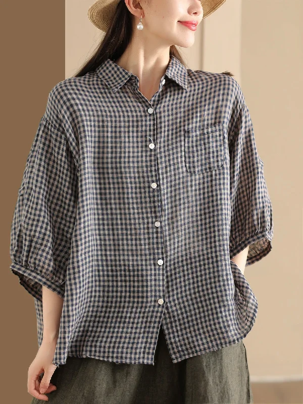 Women Summer Vintage Plaid Button-Up Linen Shirt PP1034