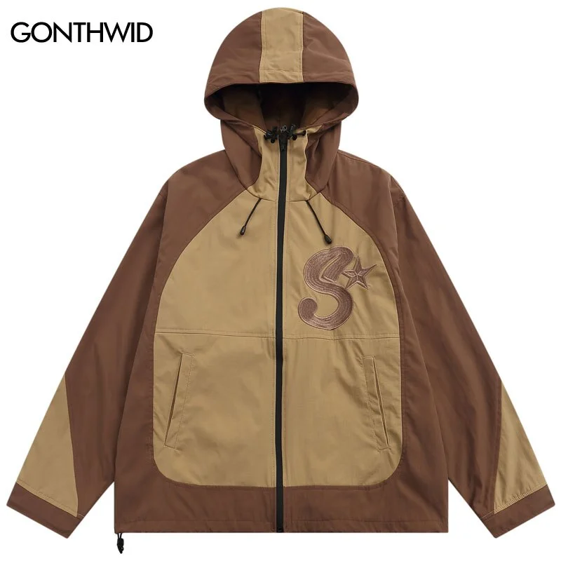 2023 Men Hooded Jacket Windbreaker Waterproof Hiking Camping Jackets Autumn Casual Color Block Patchwork Outdoor Coat