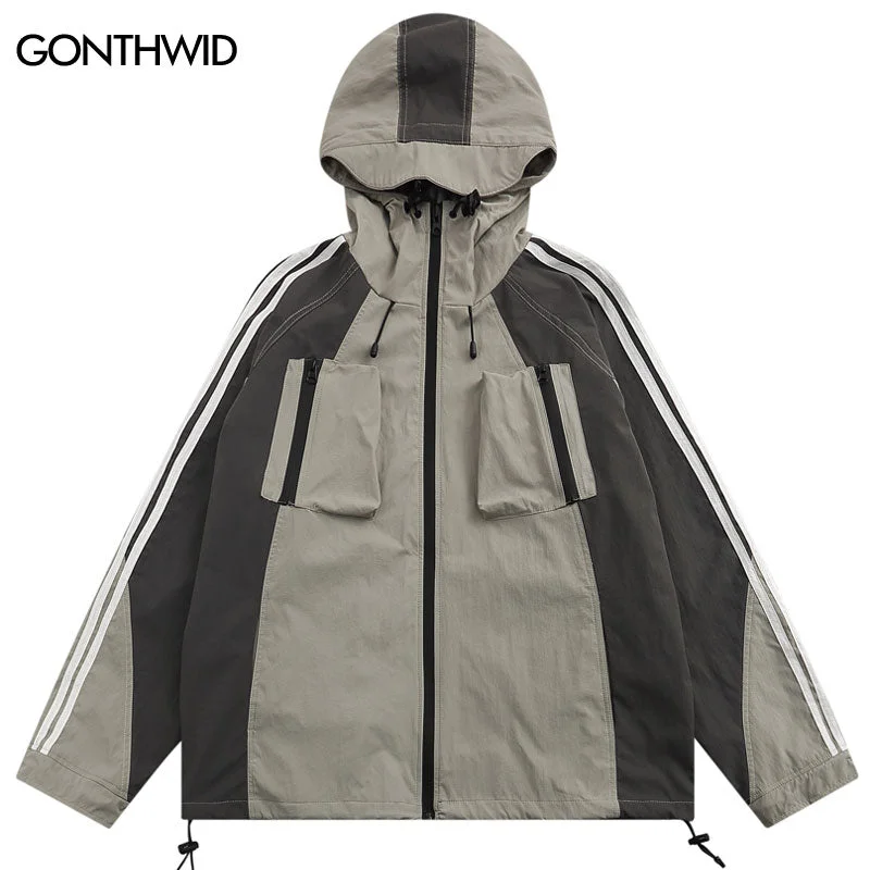 2023 Men Windbreaker Cargo Hooded Jackets Autumn Hiking Camping Waterproof Jacket Casual Color Block Patchwork Outdoor