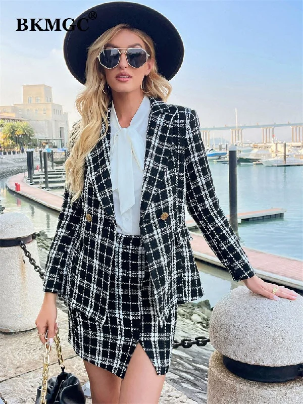 BKMGC Classic Vintage Black and Whtie Plaid Casual Blazer Suit Jacket for Women Autumn Winter Office Ladies Daily Outfit Coat