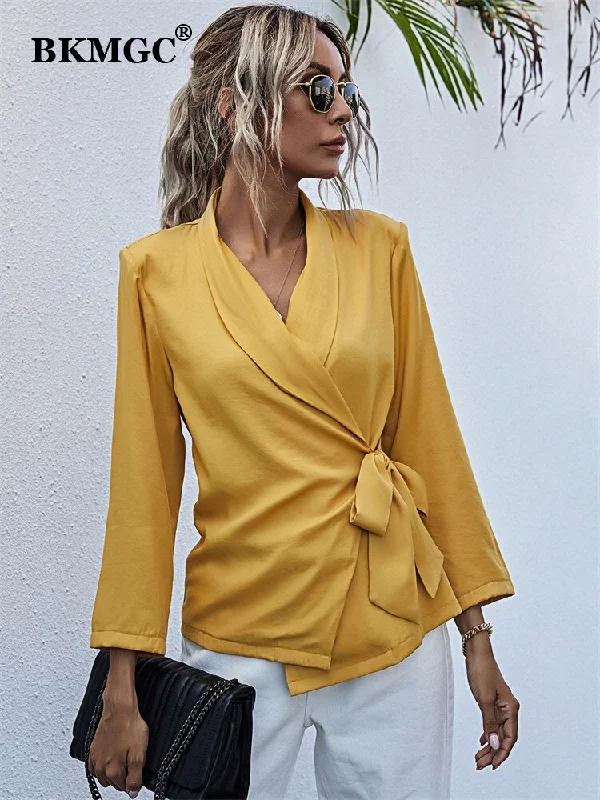 BKMGC Solid Yellow Elegant Casual Blazer Women Jacket Autumn V-neck Wrap Over Tops Tie Knot Waist Suit Coat Office Lady Outfits