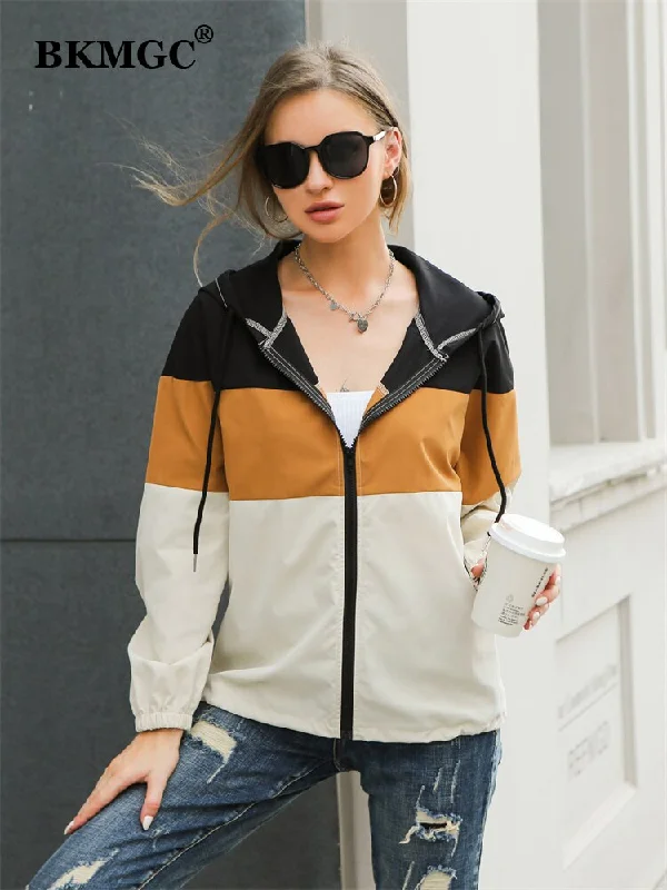 BKMGC Women Jacket Spring 2023 Casual Autumn Zipper Color Contrast long sleeve Pocket Hooded Winter Women's Coat 6799