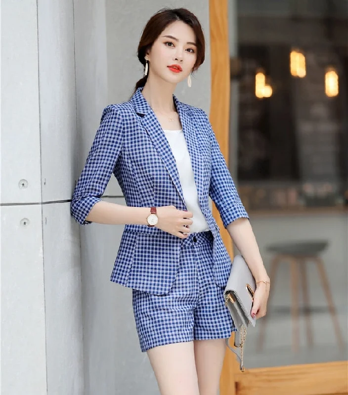 Casual Ladies Blue Plaid Blazer Women Business Suits Work Wear Shorts and Jacket Sets Office Uniform Styles