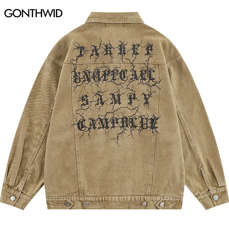 Denim Bomber Jacket Streetwear Hip Hop Vintage Letter Print Cowboy Distressed Wash Jeans Coat 2023 Retro Casual Cotton Jackets