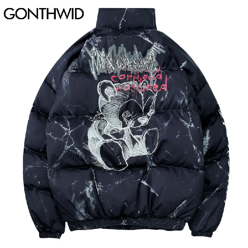 GONTHWID Cotton Padded Thick Parkas Jackets Streetwear Hip Hop Graffiti Bear Print Zipper Winter Coats Mens Casual Tops